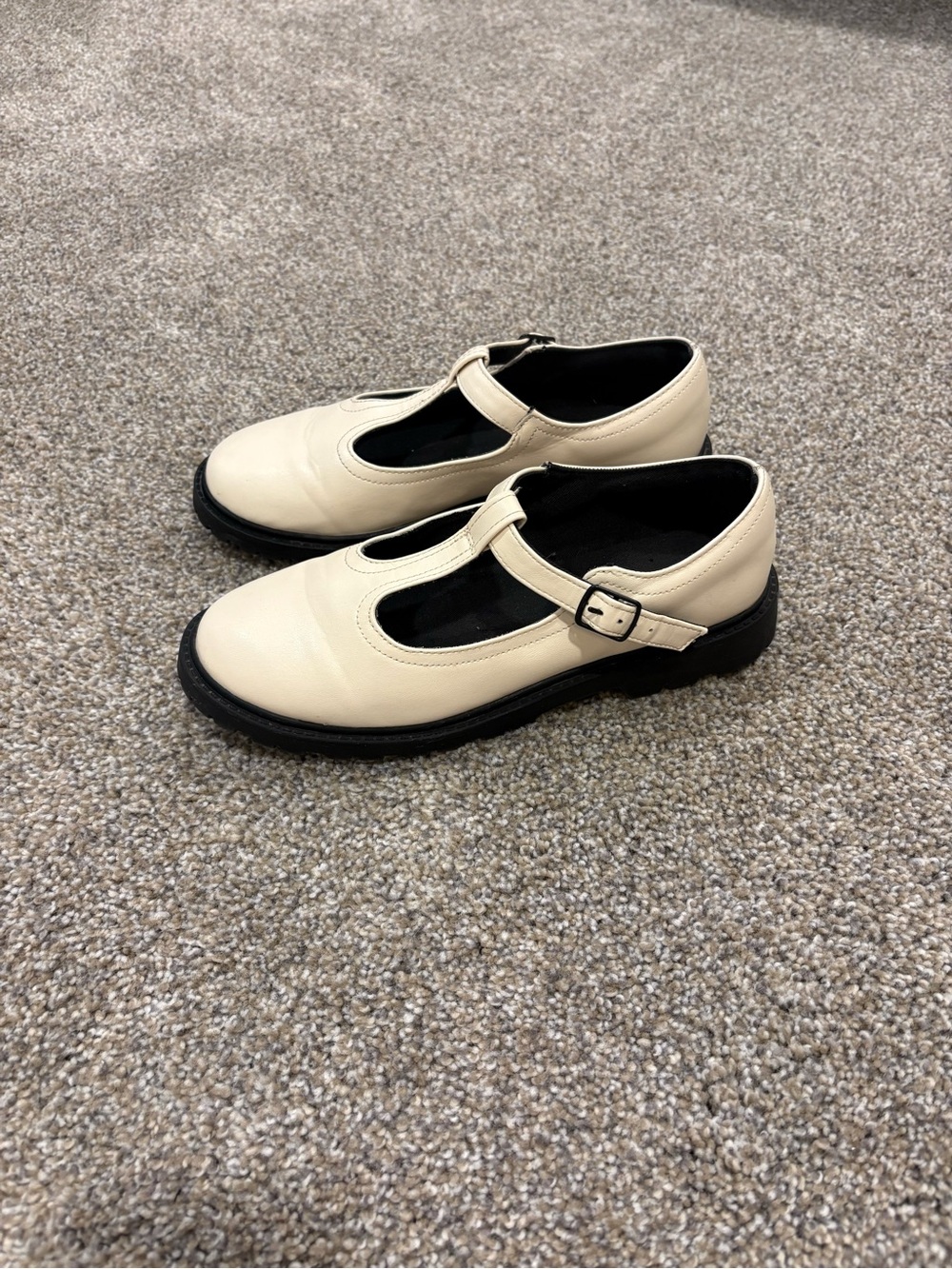 Zara Cream Mary Jane T-Strap Flats with Black Sole